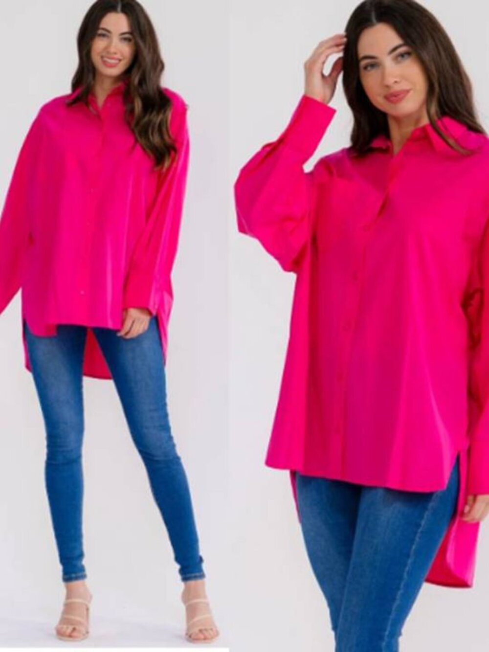Women's High-Low Long Sleeve Shirt Classic Oversized Button Front 100% Cotton